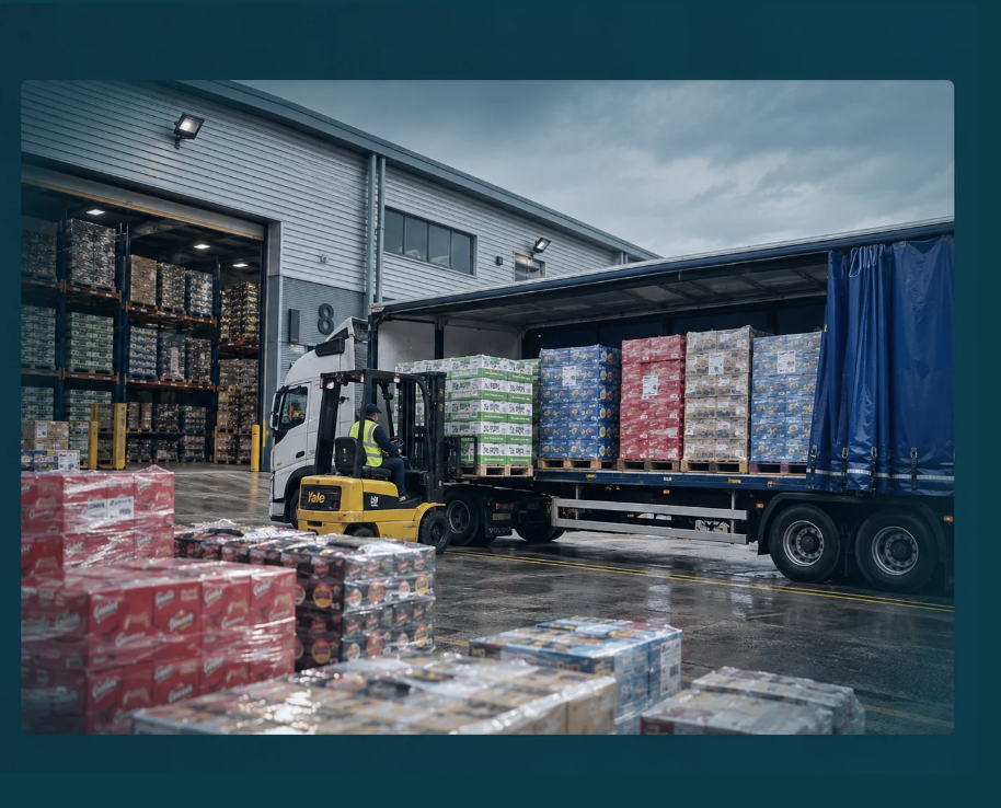 Warehouse and forklift loading a distribution lorry