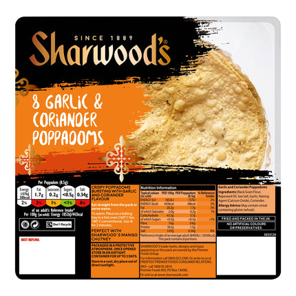 Sharwood's Poppadom RTE Garlic & Cori 8 pack