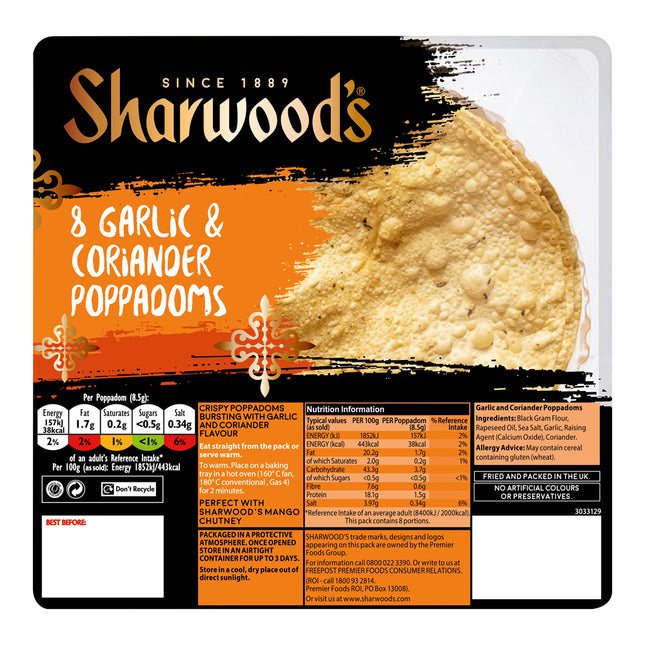 Sharwood's Poppadom RTE Garlic & Cori 8 pack