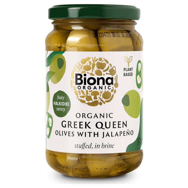 Biona Greek Queen Olives with Jalapeno Stuffed in Brine Organic 370g
