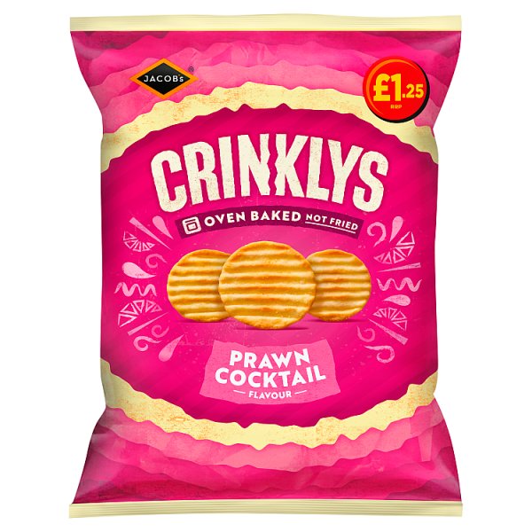 Jacob's Crinklys Prawn Cocktail 30% Less Fat Baked Snacks PMP £1.25 90g