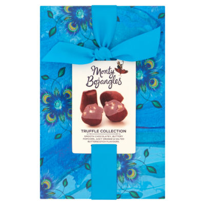 Blue gift wrapped ballotin of assorted cocoa dusted truffles