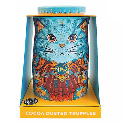 Spirit blue cat tin filled with Coconut Crush cocoa dusted truffles with caramelised coconut pieces