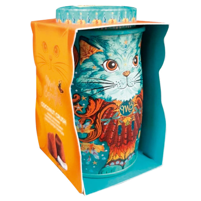 Spirit Blue Kit-tin filled with Coconut Crush cocoa dusted truffles with caramelised coconut pieces