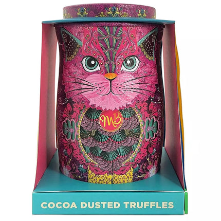 Persian Pink cat tin of Choccy Scoffy chocolatey flavoured cocoa dusted truffles