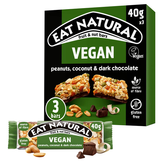 EAT NATURAL 3erVEGAN Erdnüsse, Kokos & dunkle Schokolade (3x 40g)