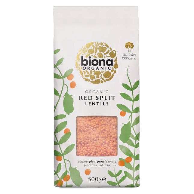 Biona Organic Red Split Lentils (Plastic Free Paper Bag) 500g