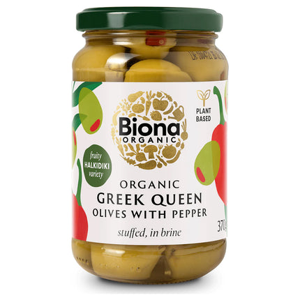 Biona Greek Queen Olives with Red Pepper Stuffed in Brine Organic 370g