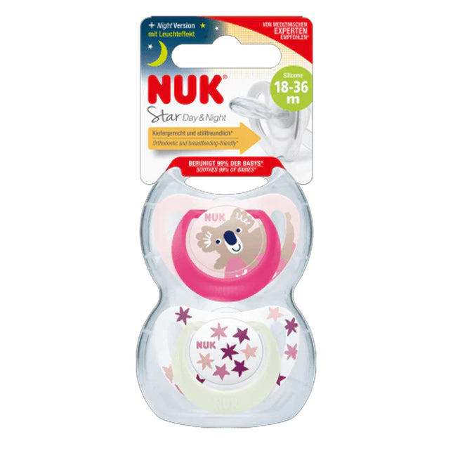 Nuk Star Day Night Soother Size 3 18-36M Pink 2 Pack