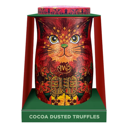 Fire Dancer orange cat tin of Angelical orange flavour cocoa dusted truffles