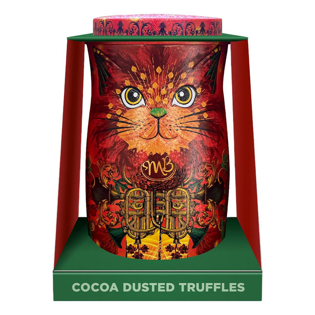 Fire Dancer orange cat tin of Angelical orange flavour cocoa dusted truffles