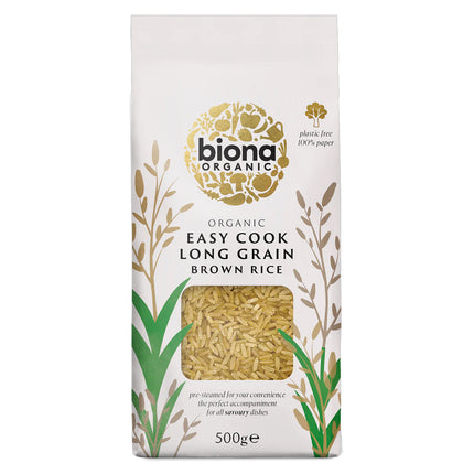 Biona Organic Easy Cook Long Grain Brown Rice (Plastic Free Paper Bag) 500g
