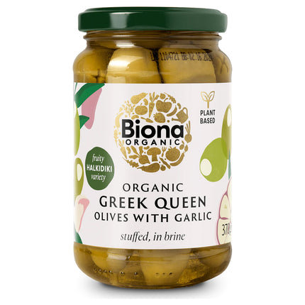 Biona Greek Queen Olives with Garlic Stuffed in Brine Organic 370g