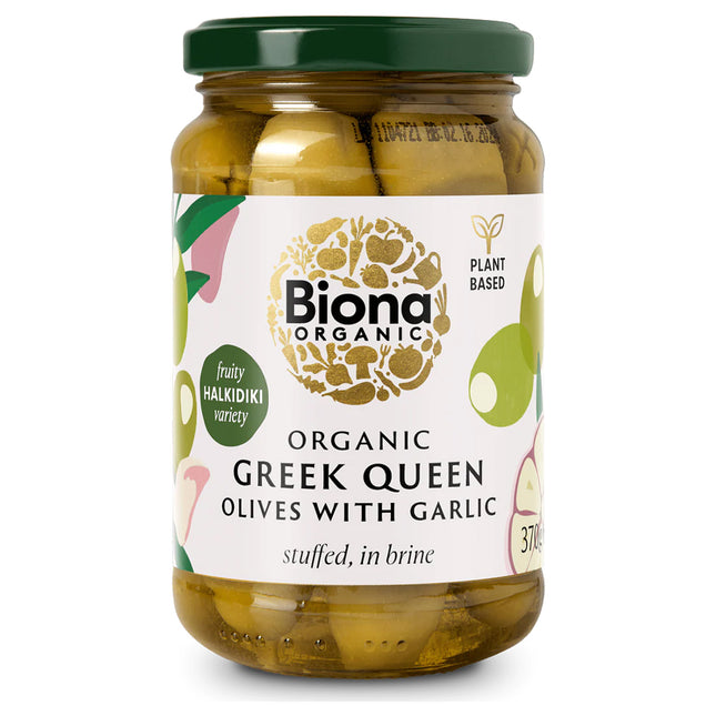 Biona Greek Queen Olives with Garlic Stuffed in Brine Organic 370g