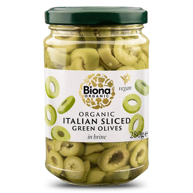 Biona Organic Italian Sliced Green Olives In Brine 280g