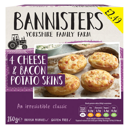 Bannister Farm 4 Cheese & Bacon Potato Skins PMP £2.49 260G